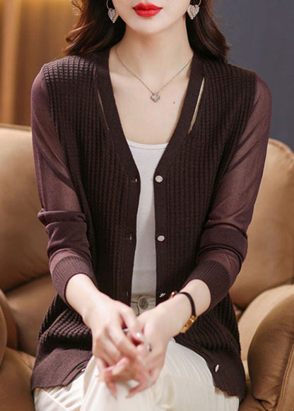 Coffee V Neck Patchwork Ice Size Knit Cardigan Fall