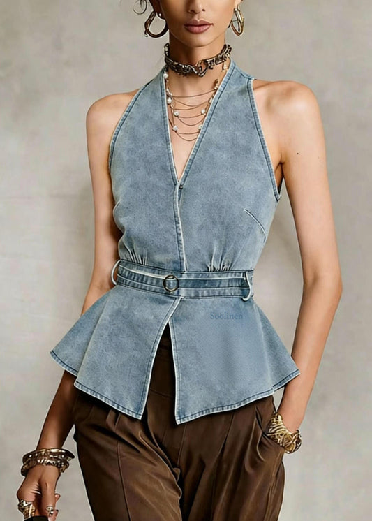 Cold Shoulder Halter Blue Denim Top Sleeveless