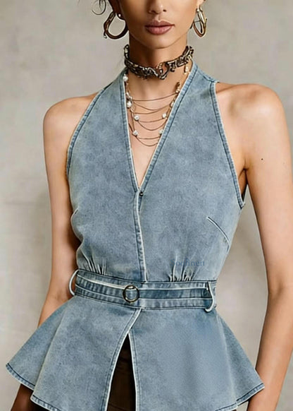 Cold Shoulder Halter Blue Denim Top Sleeveless