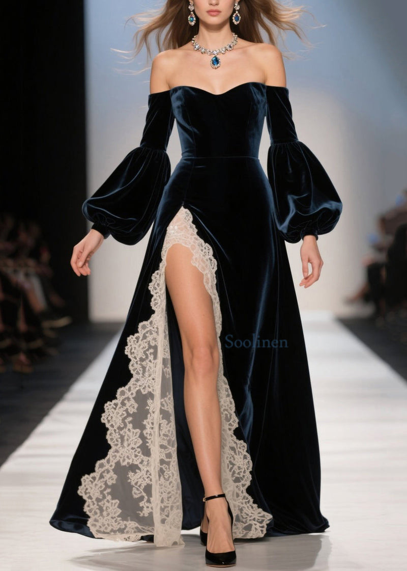 Cold Shoulder Lace Patchwork Velvet Dresses Spring
