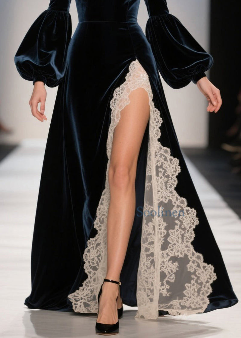 Cold Shoulder Lace Patchwork Velvet Dresses Spring