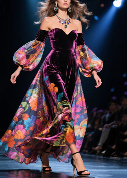 Cold Shoulder Print Patchwork Velour Dress Autumn