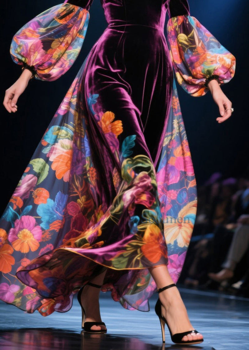 Cold Shoulder Print Patchwork Velour Dress Autumn