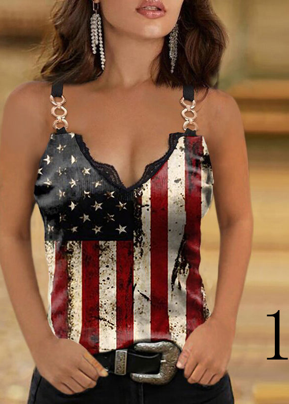Colorblock V Neck Lace Patchwork Cotton Sequined Spaghetti Strap Tanks Summer
