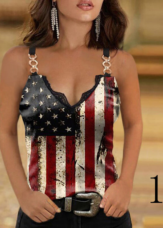 Colorblock V Neck Lace Patchwork Cotton Sequined Spaghetti Strap Tanks Summer