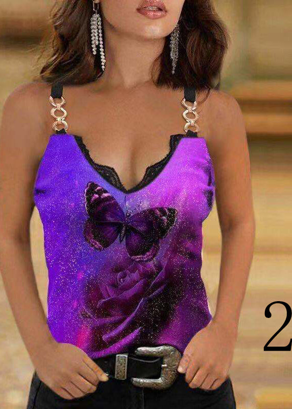Colorblock V Neck Lace Patchwork Cotton Sequined Spaghetti Strap Tanks Summer