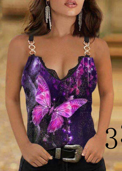 Colorblock V Neck Lace Patchwork Cotton Sequined Spaghetti Strap Tanks Summer