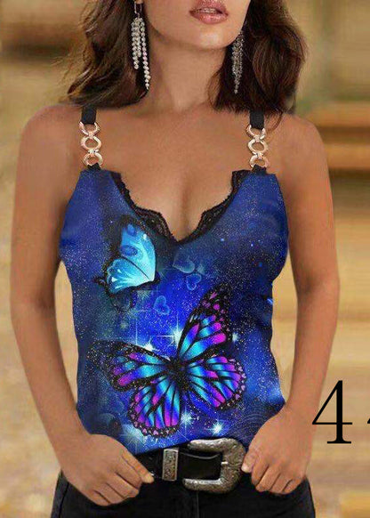 Colorblock V Neck Lace Patchwork Cotton Sequined Spaghetti Strap Tanks Summer