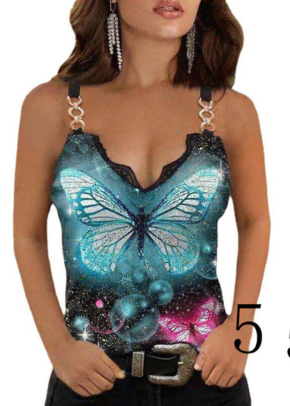 Colorblock V Neck Lace Patchwork Cotton Sequined Spaghetti Strap Tanks Summer