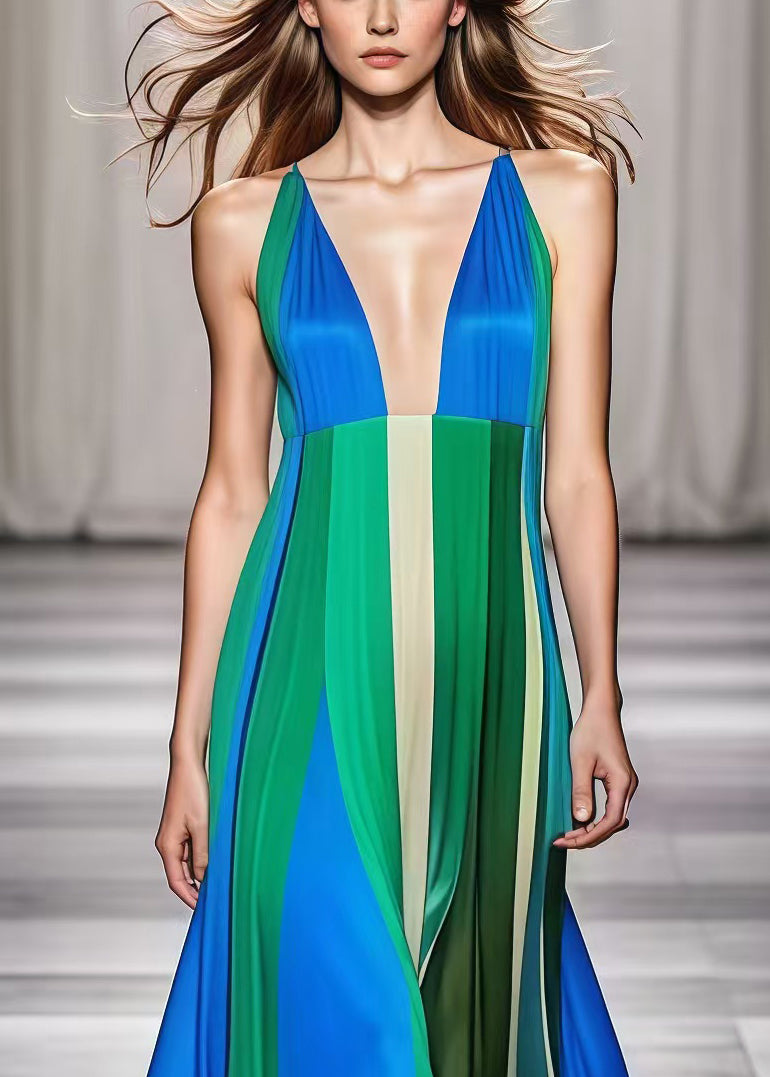 Colorblock V Neck Patchwork Exra Large Hem Silk Ankle Dress Summer