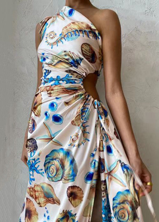 Diagonal Shoulder Drawstring Slit Long Dress Summer