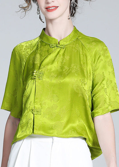 Grass Green Stand Collar Button Silk Top Short Sleeve