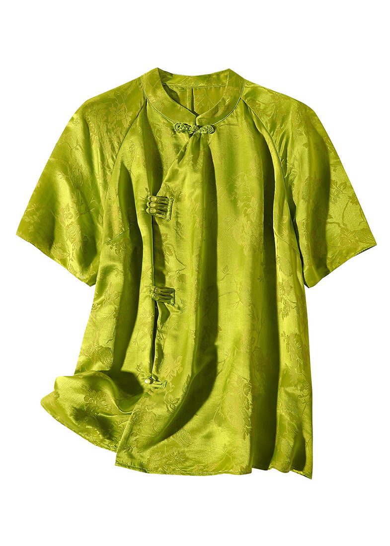 Grass Green Stand Collar Button Silk Top Short Sleeve