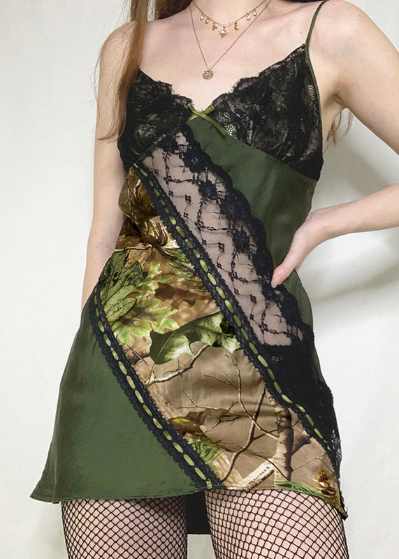 Green Backless Print Lace Patchwork Spaghetti Strap Mid Dress Sleeveless