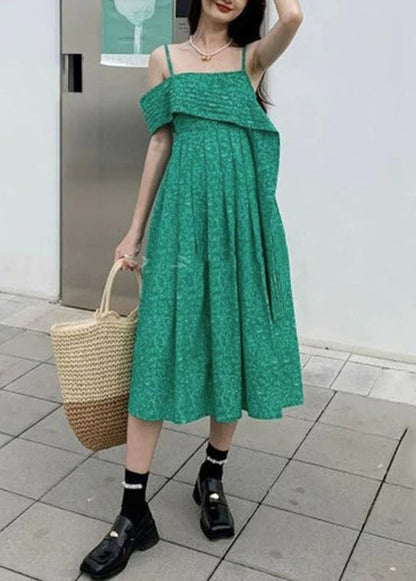 Green Cold Shoulder High Waist Cotton Spaghetti Strap Dress Sleeveless