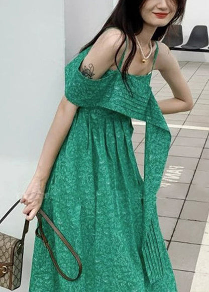 Green Cold Shoulder High Waist Cotton Spaghetti Strap Dress Sleeveless