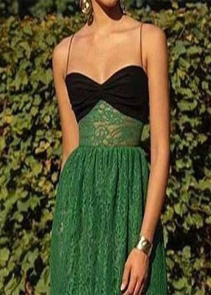 Green Cold Shoulder Patchwork Lace Spaghetti Strap Dress Sleeveless
