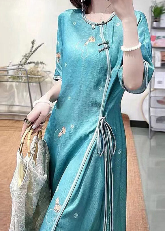 Green O-neck Embroideried Side Open Tie Waist Button Silk Long Dresses Half Sleeve
