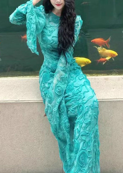 Green O-neck Tulle Maxi Dress Spring