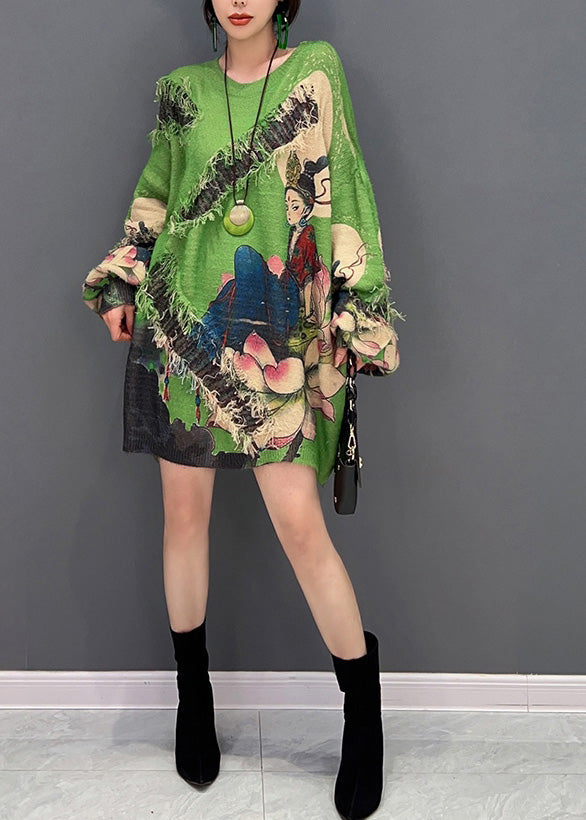 Green O-neck Print Tassel Knit Sweater Winter