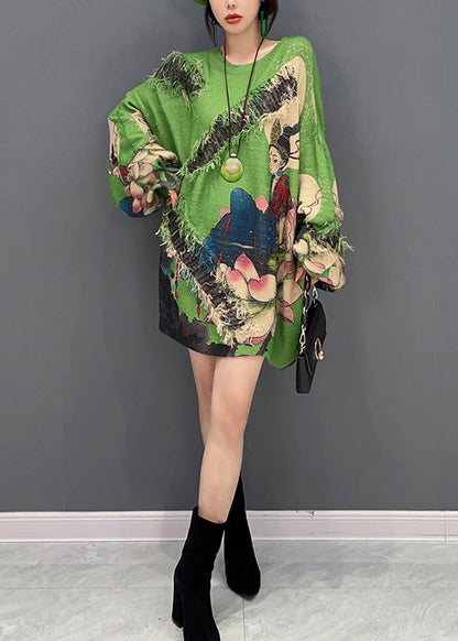 Green O-neck Print Tassel Knit Sweater Winter
