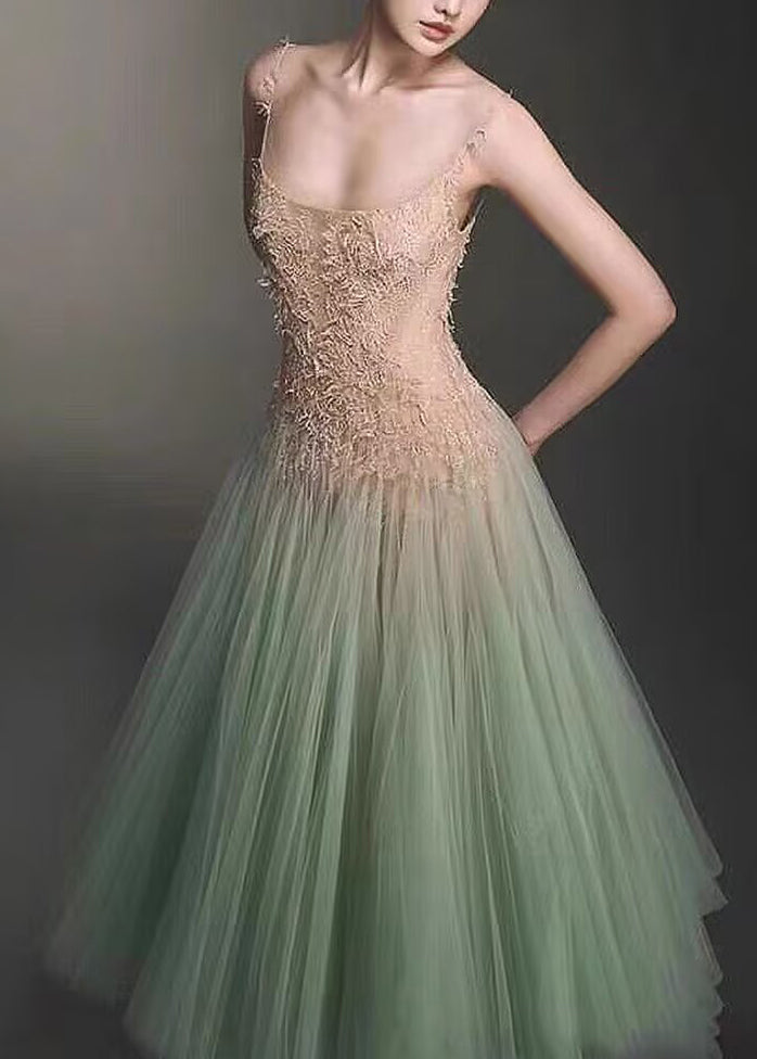 Green Sequins Lace Patchwork Tulle Spaghetti Strap Dress Sleeveless
