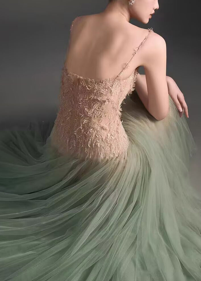 Green Sequins Lace Patchwork Tulle Spaghetti Strap Dress Sleeveless