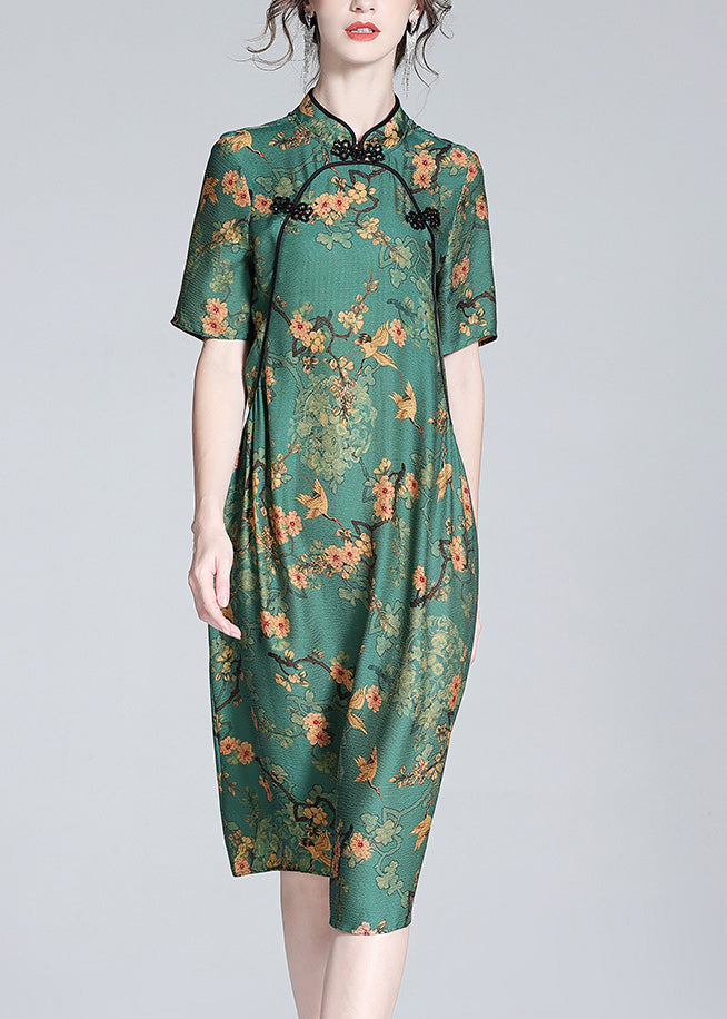 Green Stand Collar Print Button Silk Maxi Dress Short Sleeve