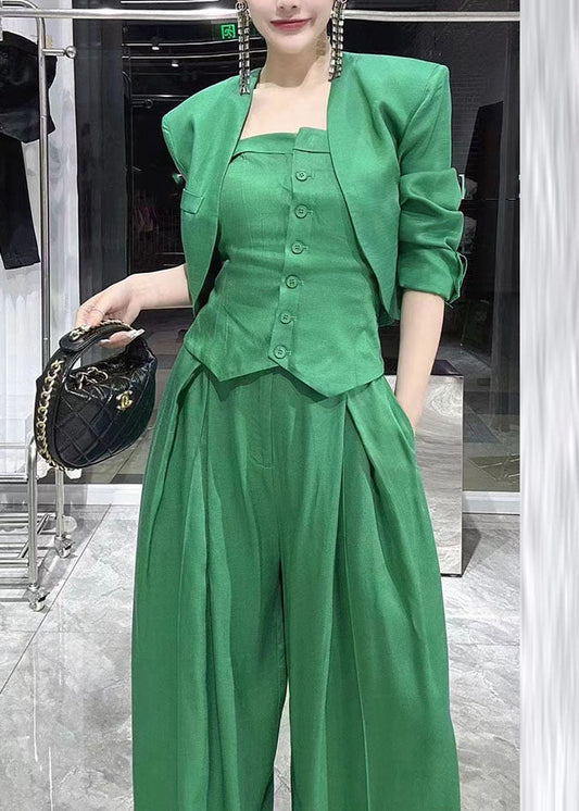 Green V Neck Coats Tube Top and Wide Leg Pants Three Pieces Set Long Sleeve