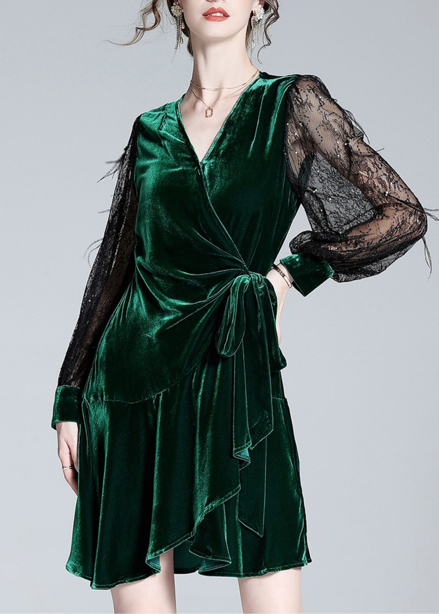 Green V Neck Tulle Patchwork Tie Waist Silk Velour Holiday Mid Dress Spring
