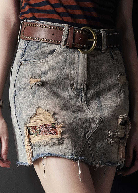 Grey High Waist Tassel Pockets Cotton Denim Ripped Skirts Summer