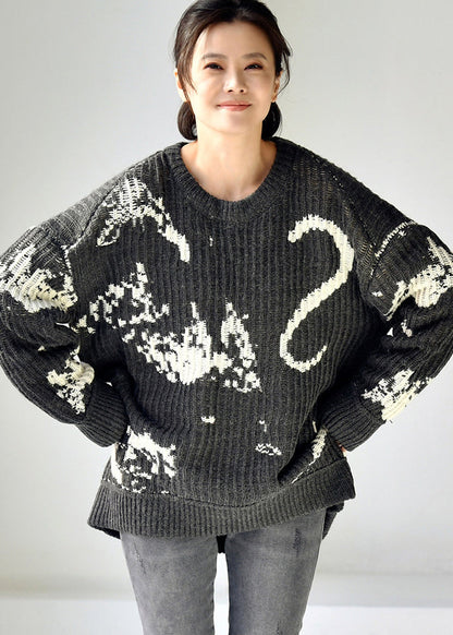 Grey O-neck Print Low High Design Thick Cotton Knit Sweaters Winter