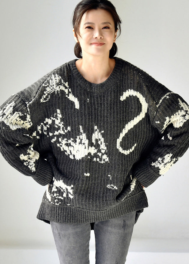 Grey O-neck Print Low High Design Thick Cotton Knit Sweaters Winter