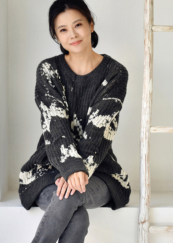 Grey O-neck Print Low High Design Thick Cotton Knit Sweaters Winter
