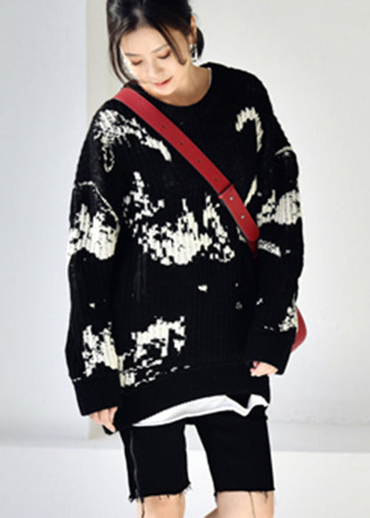 Grey O-neck Print Low High Design Thick Cotton Knit Sweaters Winter