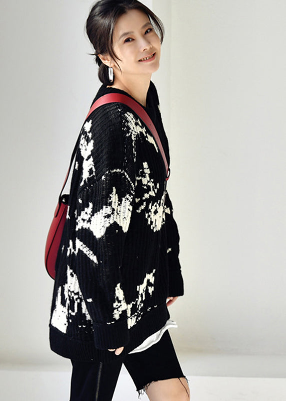 Grey O-neck Print Low High Design Thick Cotton Knit Sweaters Winter
