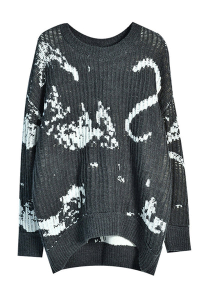 Grey O-neck Print Low High Design Thick Cotton Knit Sweaters Winter