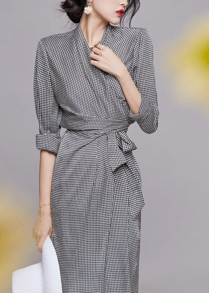 Grey V Neck Plaid Tie Waist Chiffon Dresses Long Sleeve
