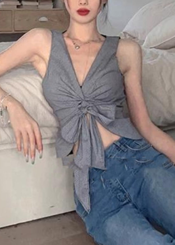Grey V Neck Tie Waist Vest Summer