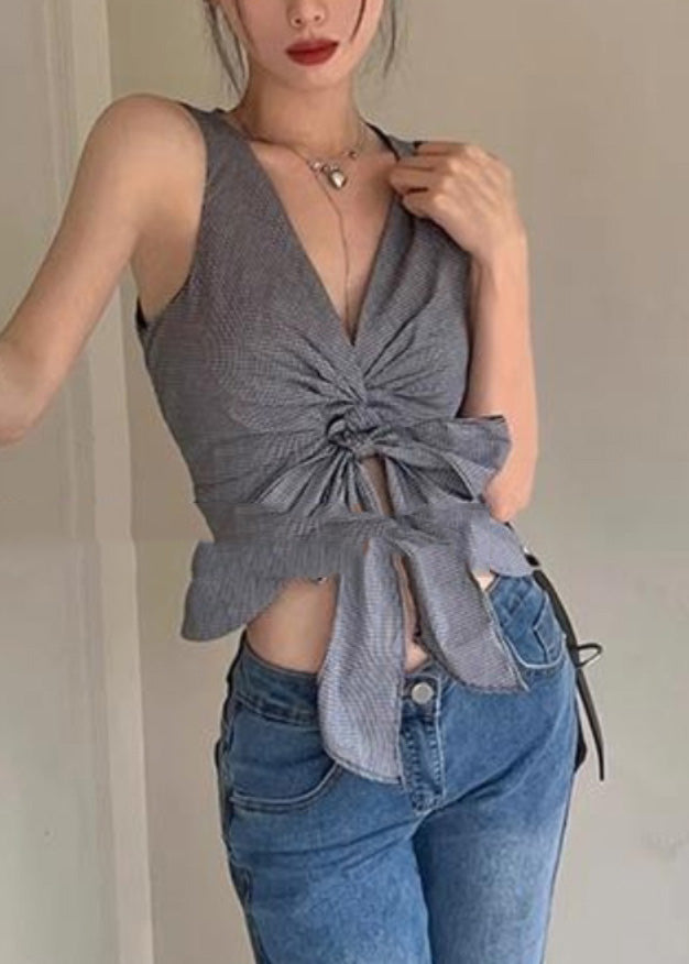 Grey V Neck Tie Waist Vest Summer