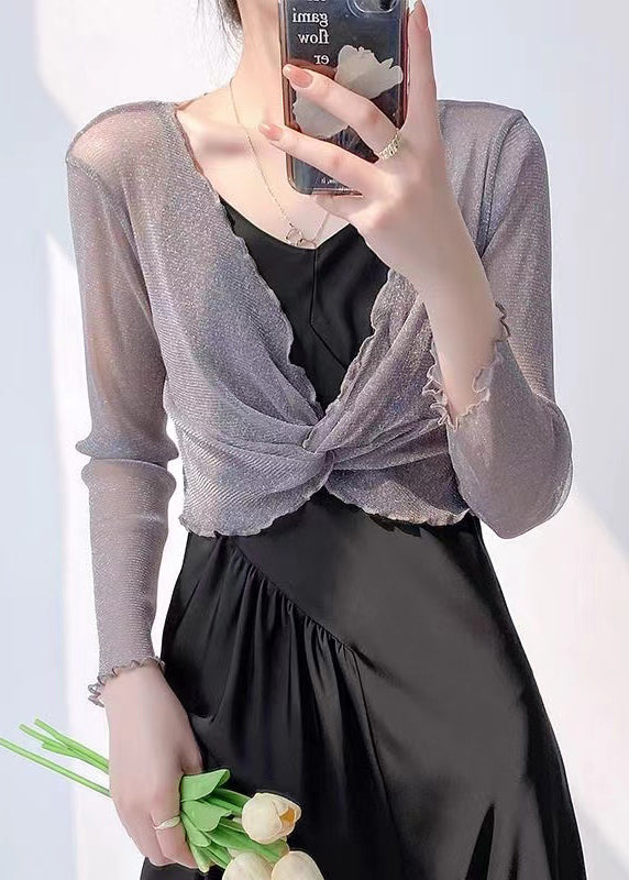 Grey V Neck Wrinkled Tulle Top Long Sleeve
