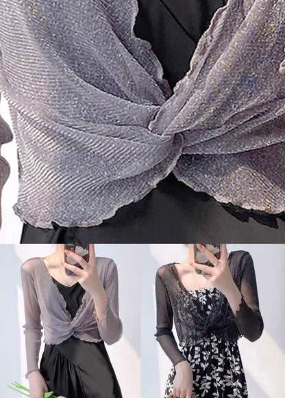 Grey V Neck Wrinkled Tulle Top Long Sleeve