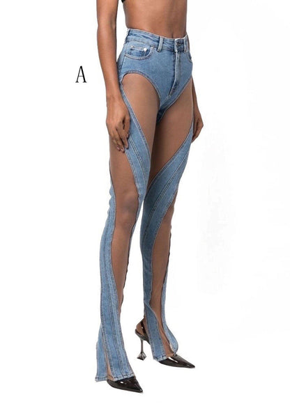 Hollow Out Tulle Patchwork Denim Trousers Fall