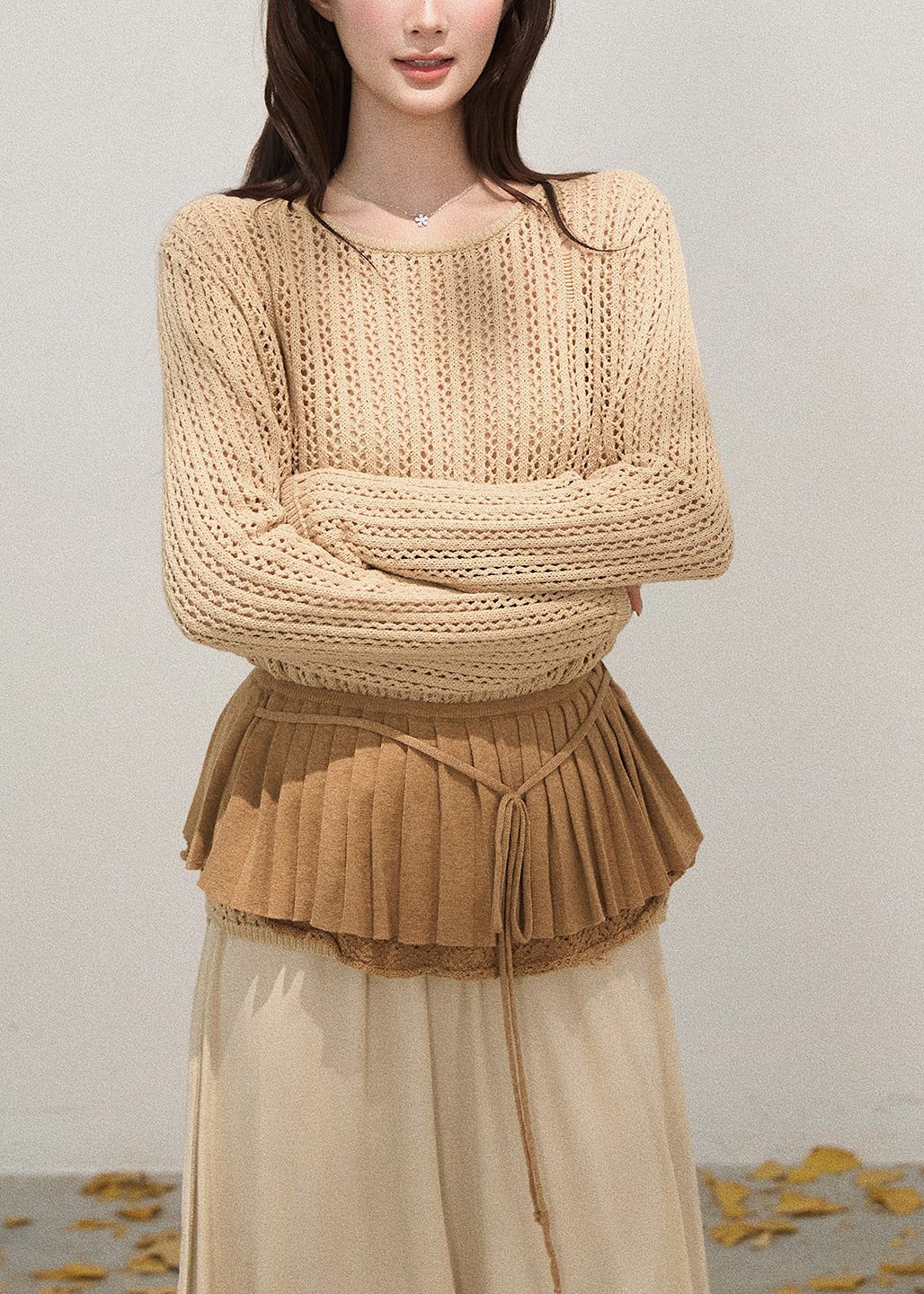 Khaki Hollow Out Knit Pullover Tops Fall