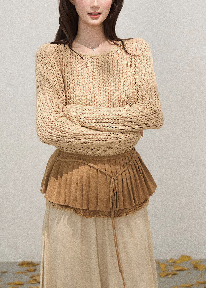 Khaki Hollow Out Knit Pullover Tops Fall