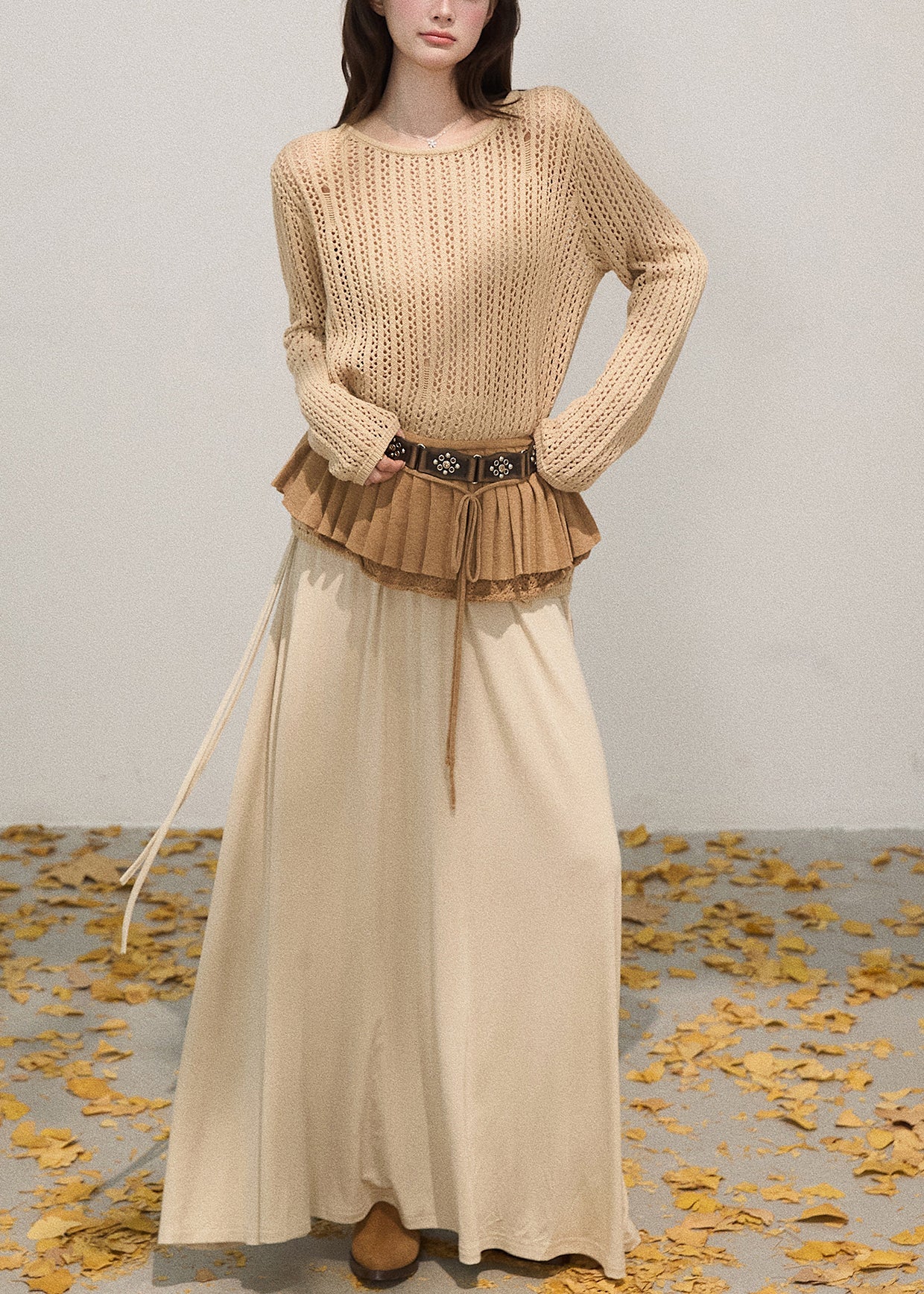 Khaki Hollow Out Knit Pullover Tops Fall