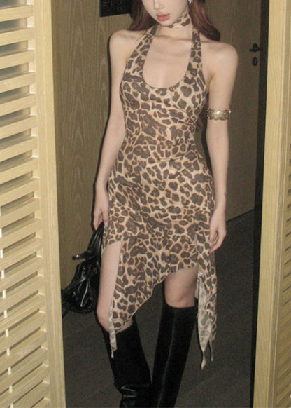 Leopard Halter Asymmetrical Design Dress Summer