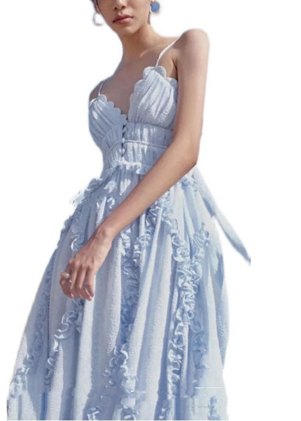 Light Blue Ruffled Patchwork Backless Spaghetti Strap Dresses Vestidos Summer