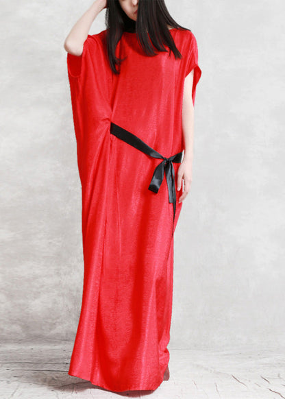 Mulberry O-neck Asymmetrical Tie Waist Silk Long Dresses Short Sleeve