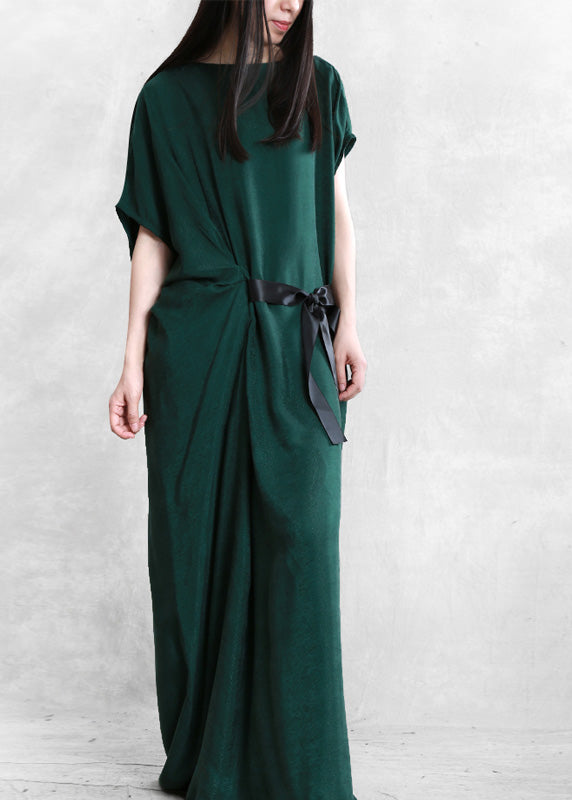 Mulberry O-neck Asymmetrical Tie Waist Silk Long Dresses Short Sleeve